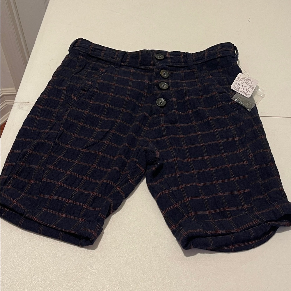 Free People NWT Women's Y2K Navy Orange Plaid High Waist Cuffed Shorts Size 0